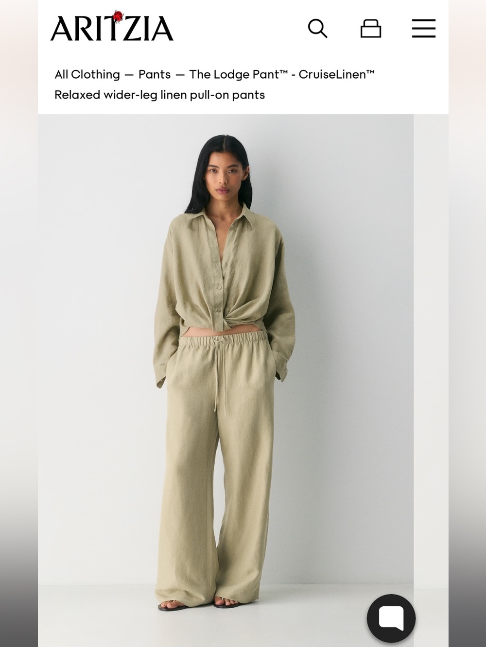 Aritzia Relaxed Wide-Leg Linen Pants in Olive - size M TALL